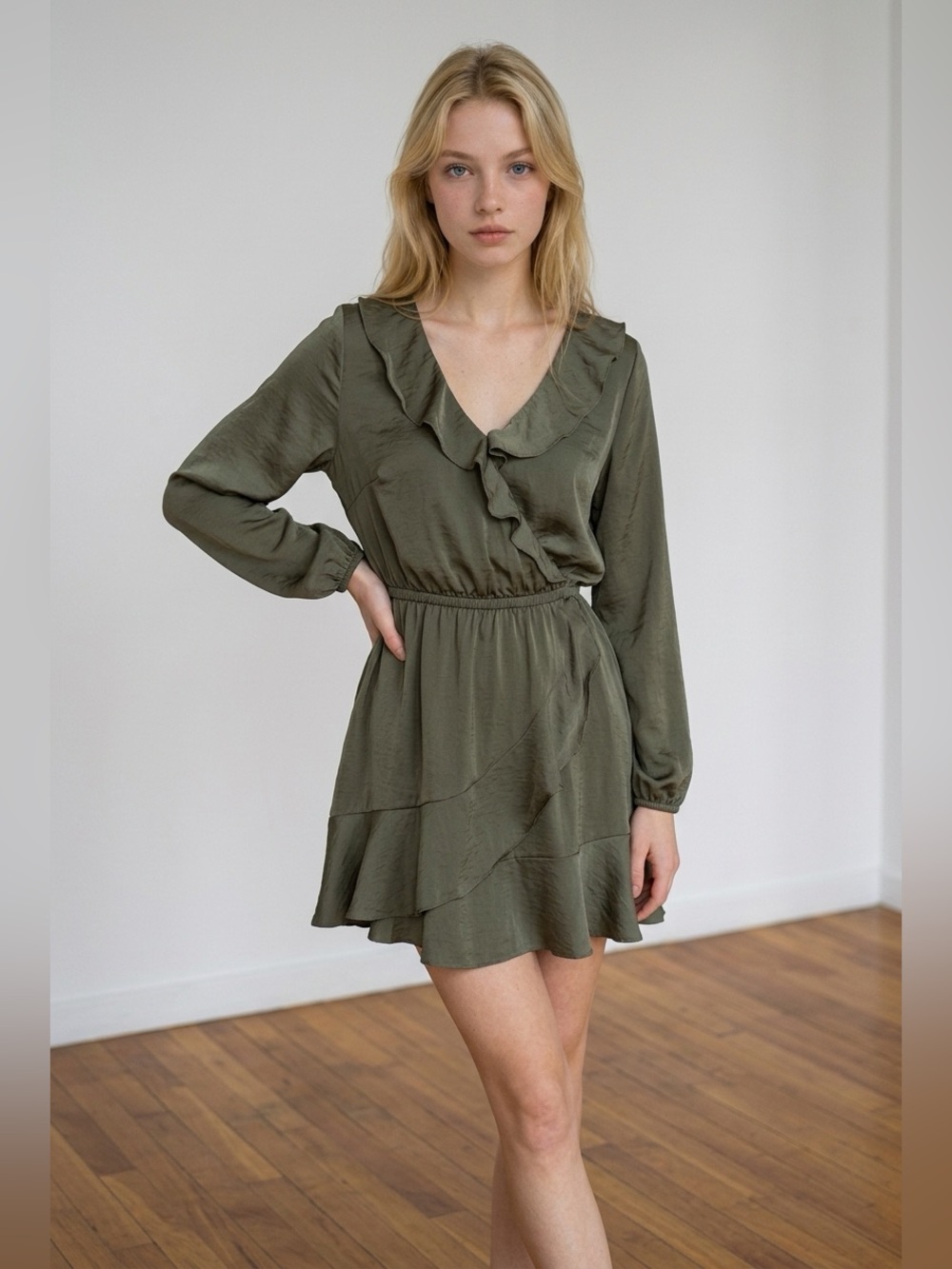 Express Olive Green Ruffle Dress – Size M